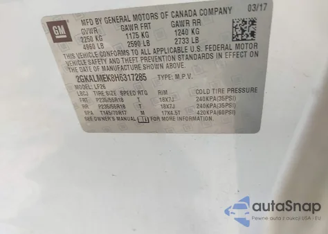 2017 GMC Terrain Sle-1 z USA, uszkodzony, nr VIN 2GKALMEK8H6317285